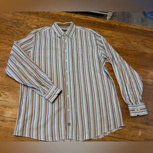 Bugatchi Uomo Y2K Blue, Teal, Brown Casual Button Down Flip Cuff Dot Shirt XXL